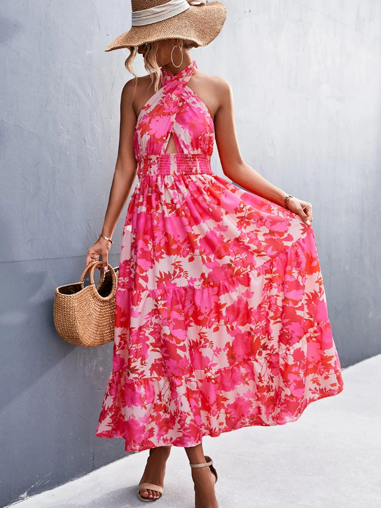 

Spring/summer 2022 New Sexy Backless High Waist Sleeveless Print Lattice Dress Bohemian Strapless Bandage Dresses Woman Clothes