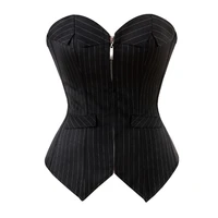 sexy black striped overbust corset office lady corselet sexy women zip corset bustier strapless top costume fashion plus size