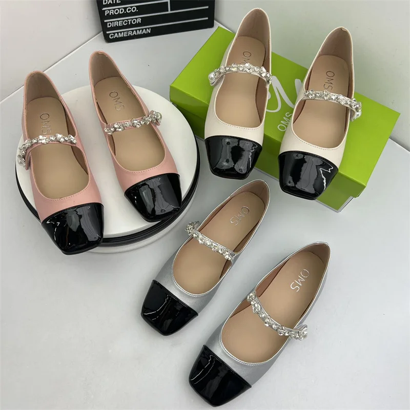 

Square Toe Pearl Decorateion Retro Woman Shoes Patent Leather Ballet Flats Low Heels Crystal Female Footwear Beading Rhinestone