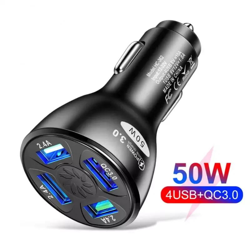 

50W USB Car Charger QC3.0 Phone Fast Charger 4 Ports Cigarette Lighter Socket Power Adapter For Iphone 11 Huawei