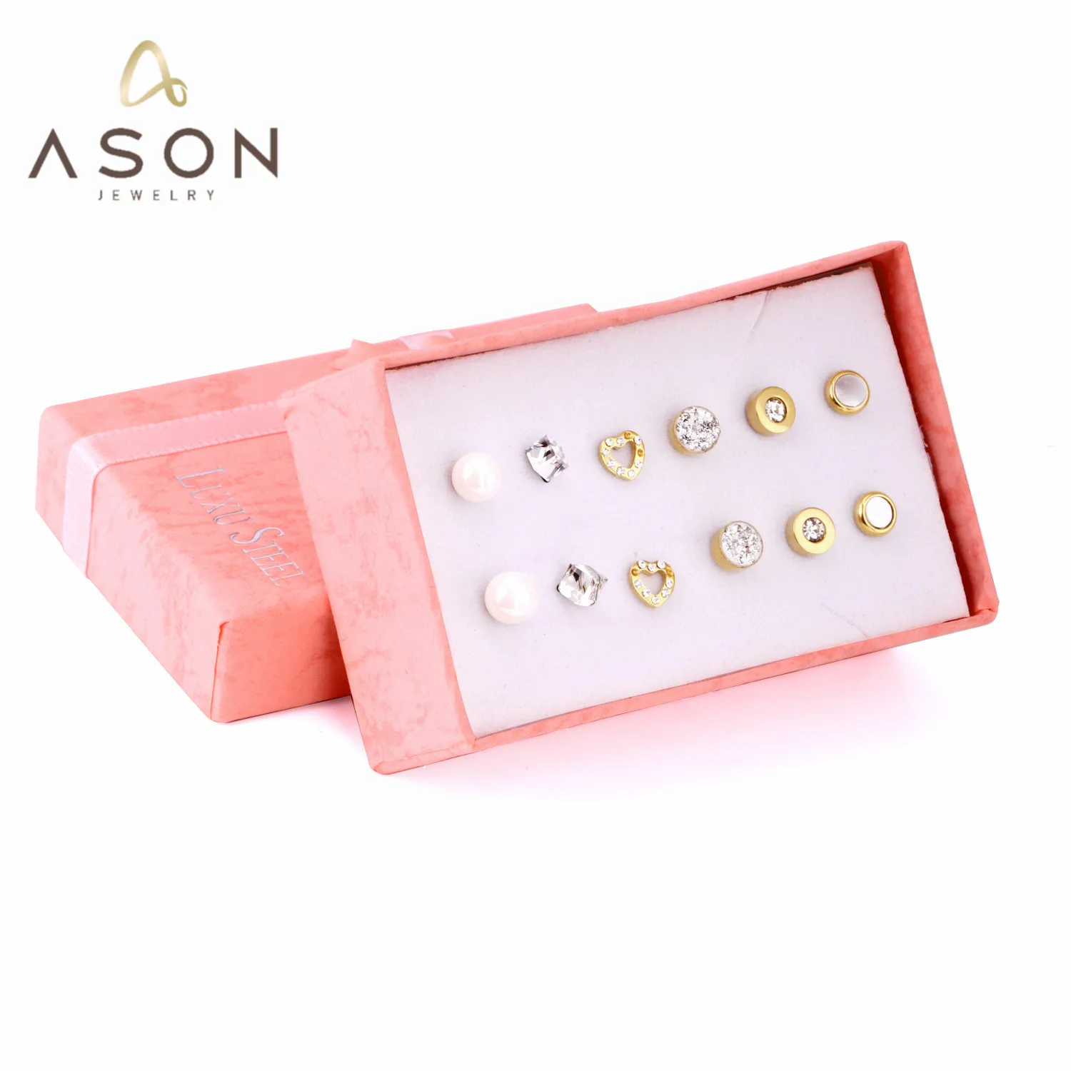 

ASONSTEEL 6pairs/Box Round Square Cubic Zirconia Pearl Stud Earrings Sets Gold Color Stainless Steel For Women Jewelry Piercing