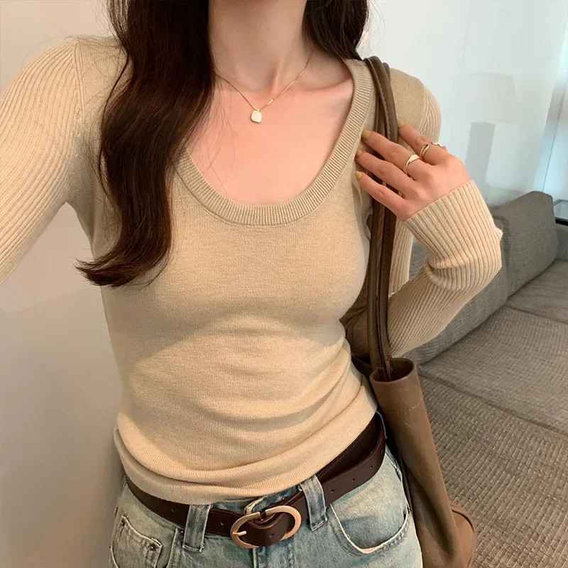 Осенняя новая женская трикотажная футболка для похудения с U-образным вырезом и