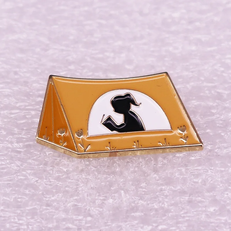 

Yellow tent with girl reading Outdoor adventure Metal Enamel Backpack Bag Lapel Badge Brooch Pin