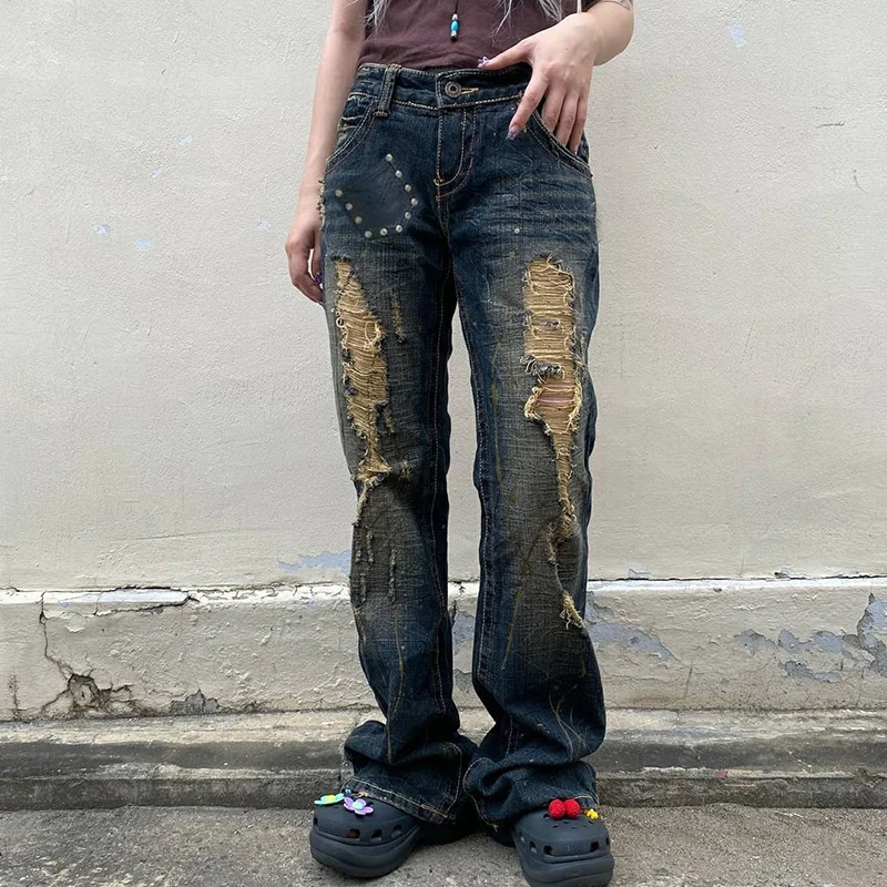 

Джинсы женские рваные винтажные в стиле Харадзюку, модные брюки из денима с карманами в Корейском стиле, в стиле 90-х, Y2K, весна-осень