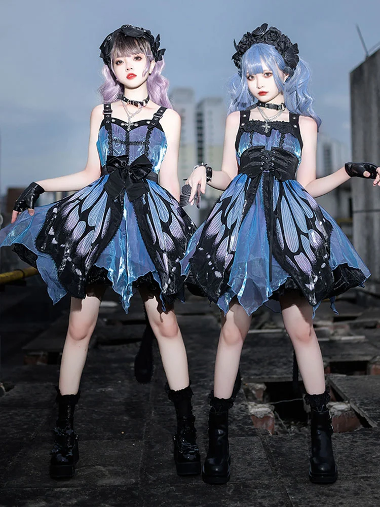 Купи Punk Gothic Lolita JSK Dress Butterfly Sleeveless Bows Blue Lolita Jumper Skirt за 5,673 рублей в магазине AliExpress