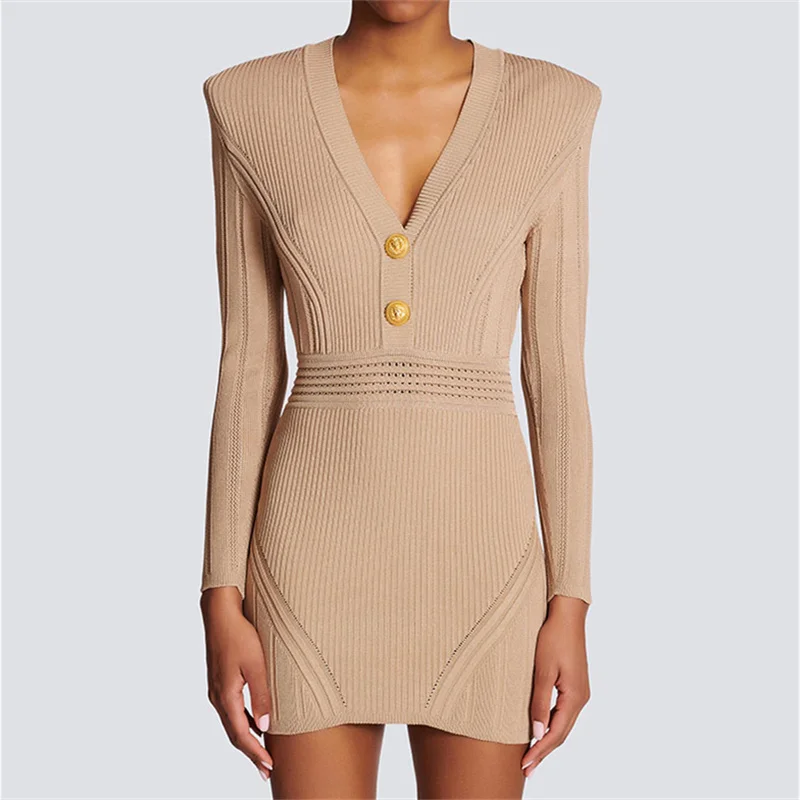 Spring Summer 2023 New in Women's Slim Dress Metal Buckle Decoration Stretch Knitted Mini Skirt High Quality Long Sleeve Top y2k