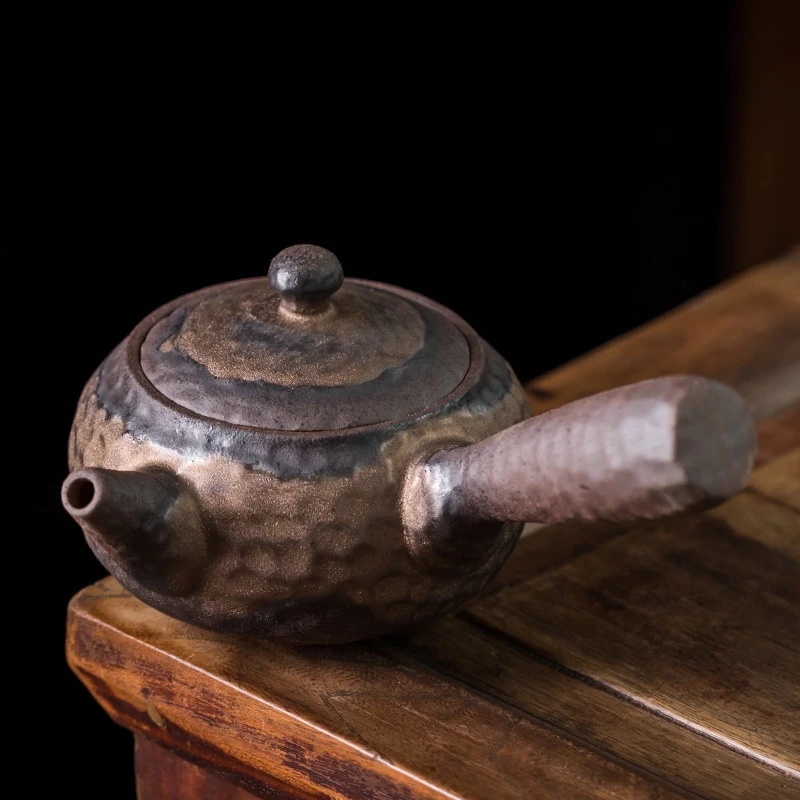 Rough Pottery Hammer Pattern Side Handle Teapot Retro Kung Fu Tea Set Maker Ceramic Household Single Kettle |