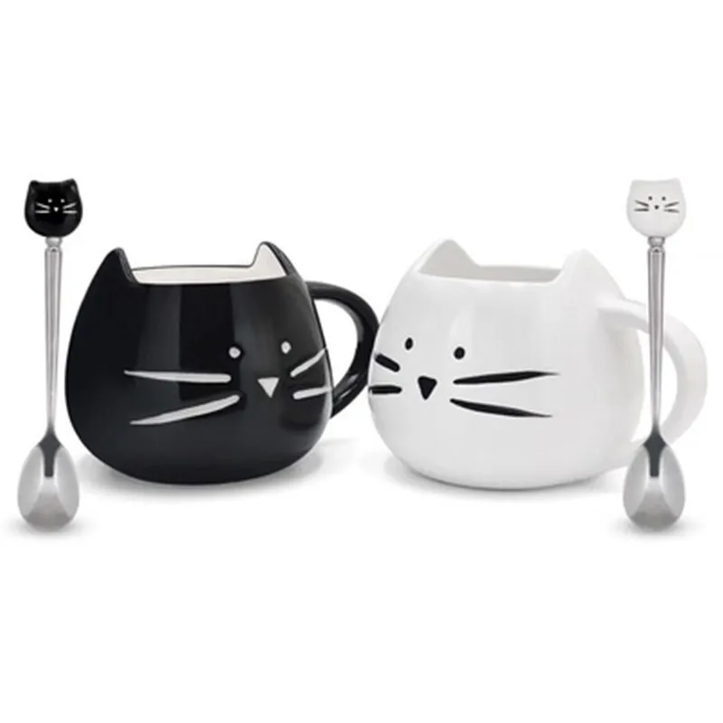 

400ml Ceramic Cute Black White Cat Mugs with Spoon Coffee Tea Milk Animal Cups with Handle Drinkware Couple Nice Gifts