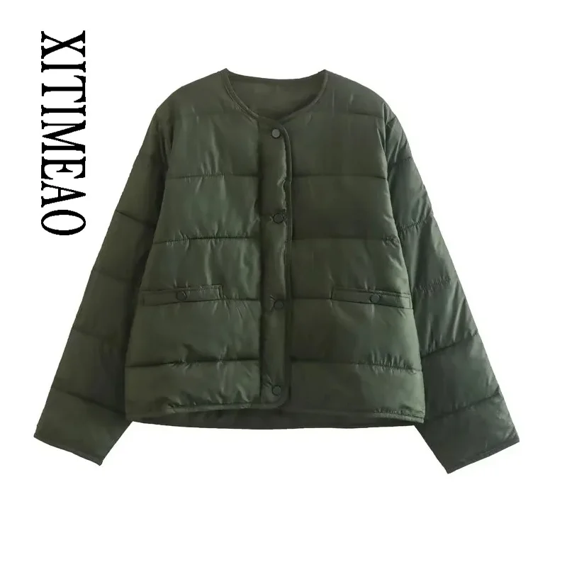 

XITIMEAO Women Fashion With Pockets Loose Padded Jacket Coat Vintage Long Sleeve Front Snap-button Female Outerwear Chic Tops