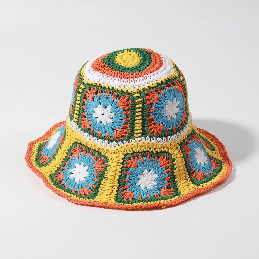 

Breathable Fisherman Hat Stylish Floral Crochet Straw Sun Hat Anti-uv Protection Foldable Wide Brim Bucket for Women for Summer