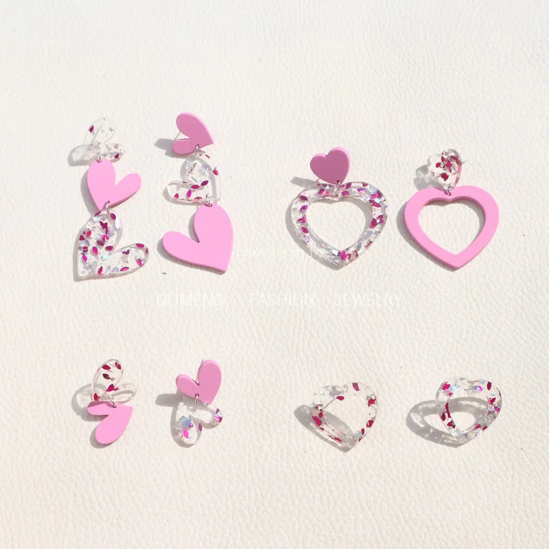 Женские асимметричные серьги-подвески, розовые яркие акриловые серьги в форме сердца, корейский стиль, бижутерия, 2022