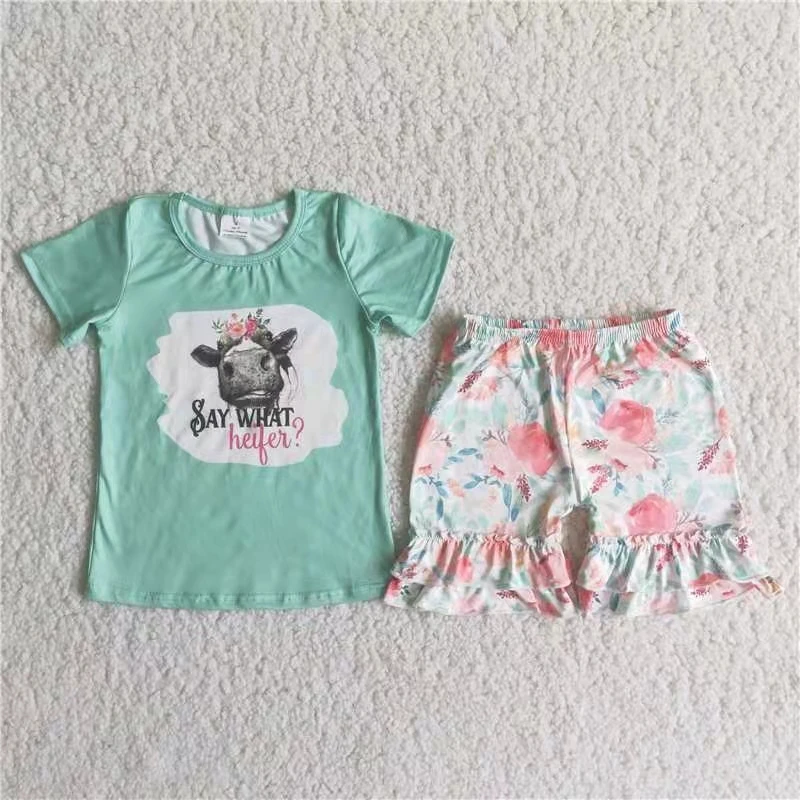 

girl clothing set summer girl outfit blue print short sleeve top and floral shorts outfit wholesale kids clothing set