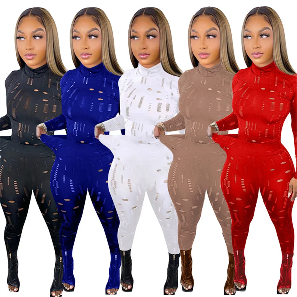 

Biker Style Two-Piece Sets Hollow Out Ripped Womens Pant Suits Sexy Tights Turtleneck Top Solid Sheath Stretchy Waist Trousers