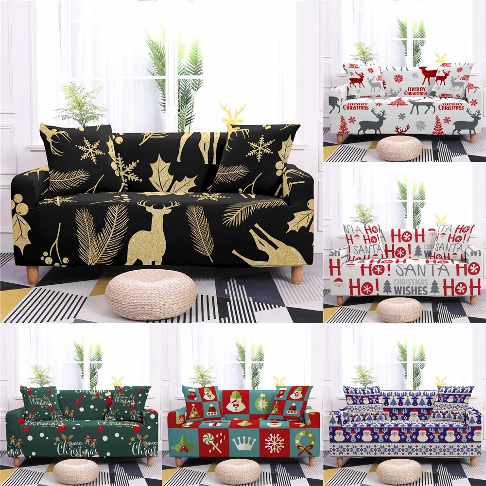 

Black Gold Christmas Elk Leaves Stretch Sofa Cover Living Room All Inclusive Xmas Santa Claus Slipcover Elastic Couch Cover Home