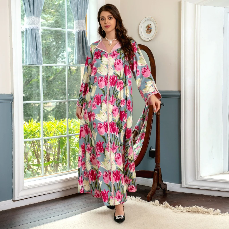 Sweet Tulip Print Long Dress for Women Chic Twists Rhinestone Lapel Long Sleeve Muslim Abaya Moroccan Jalabiya Eid 2023