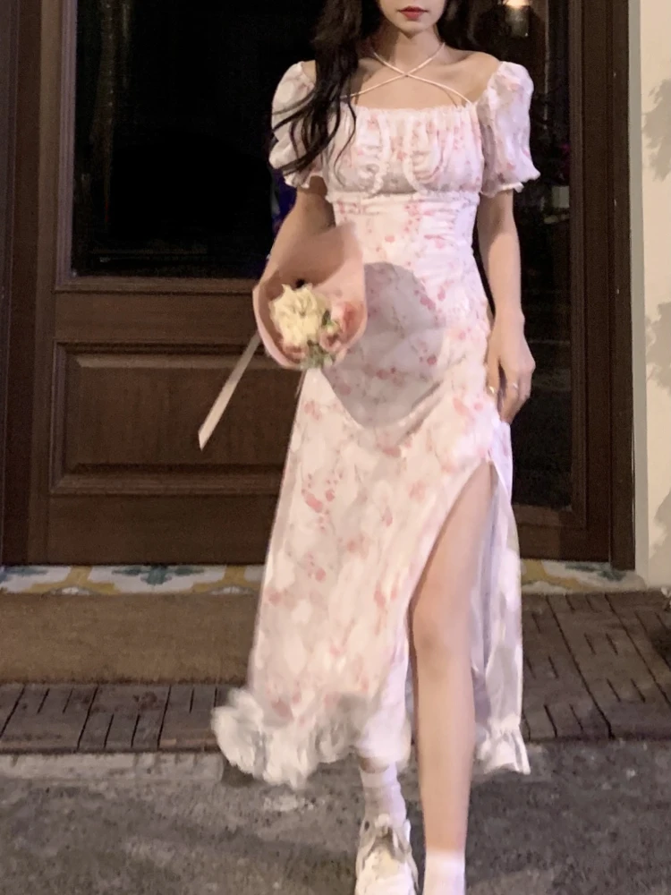 

2022 Summer Sexy Elegant One Piece Dress Korea Fashion Short Sleeve Lace Midi Dress Woman Casual Vintage Floral Party Dress Slim