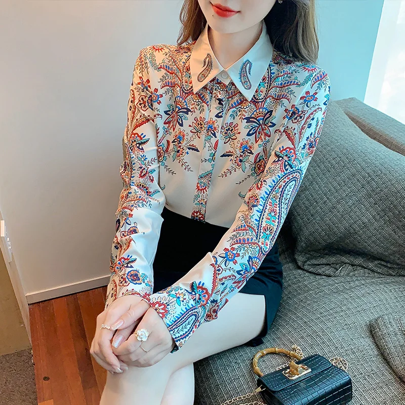 

Summer Blouse Long Sleeve Top Female Clothing Korean Fashion Polo Shirt Chiffon Office Lady Printing Loose Bow Tie Movafag