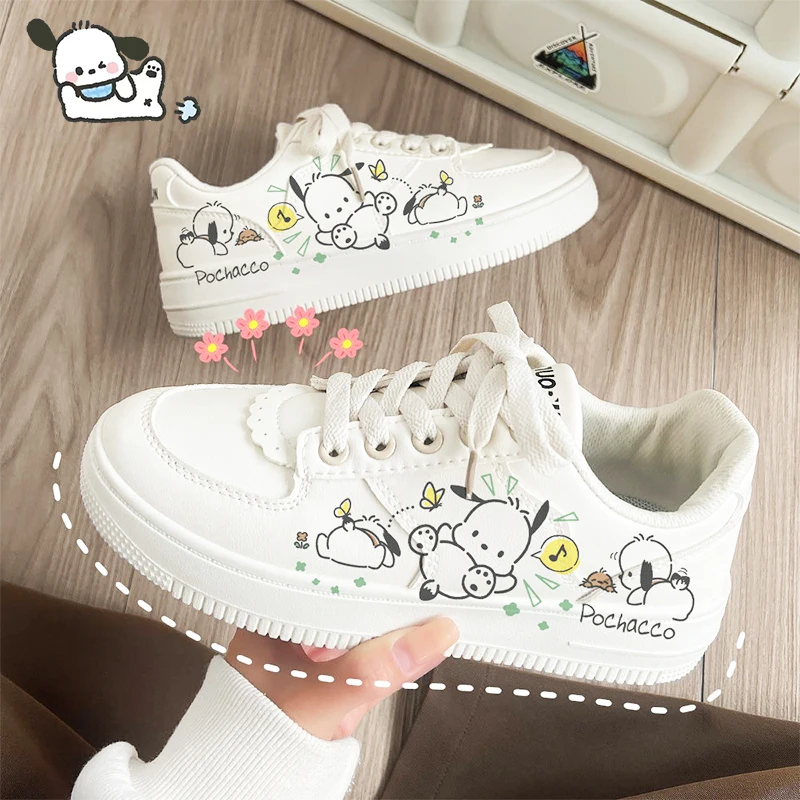 

Kawaii Pochacco Flat Shoes Cute Sanrio Anime Cartoon Spring Summer Breathable Leisure Small White Shoes Girls Student Gifts