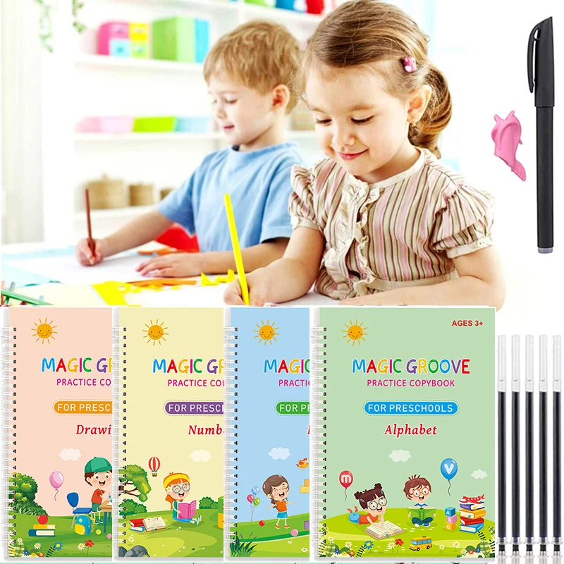 

Reusable Magic Practice Copybook for Kids Calligraphy Groove Writing Copybook with Disappearing Ink Pen Numbers English Math