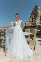a line lace appliques tulle wedding dress scoop neck full sleeves open back sweep train bridal gown vestido de novia custom made