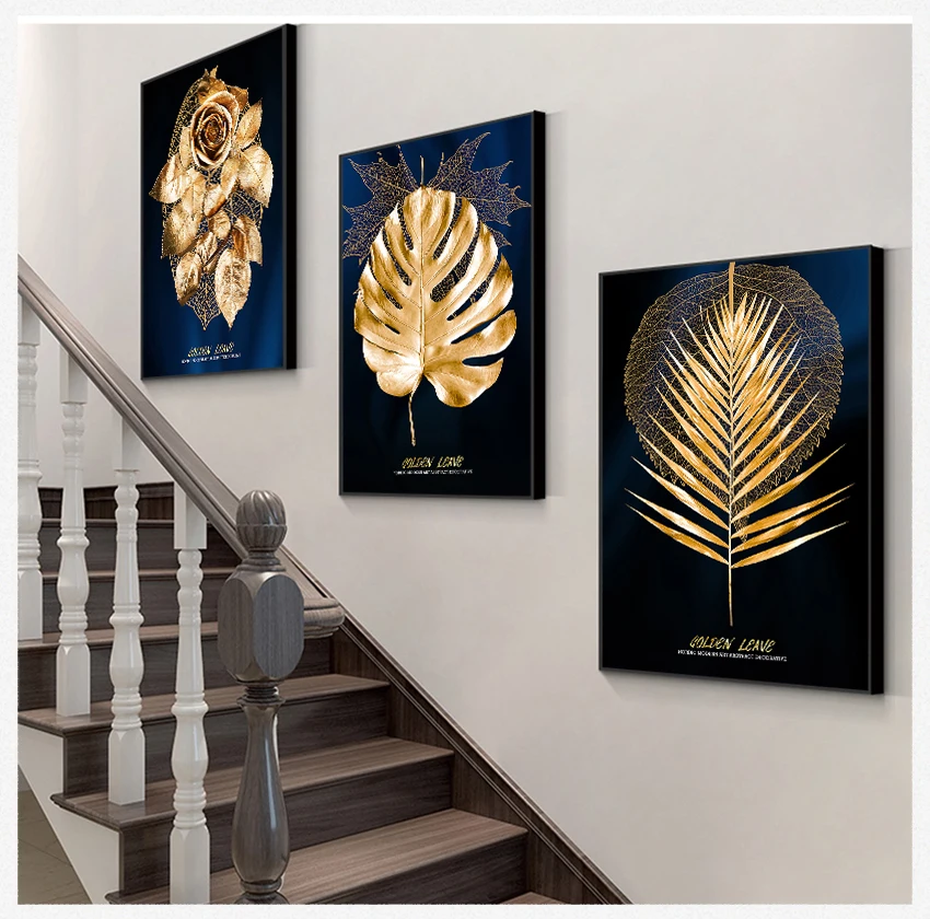 

Style Canvas Print Painting Art Aisle Living Room Unique Decoration Abstract Golden Plant Leaves Picture Wall Poster Modern