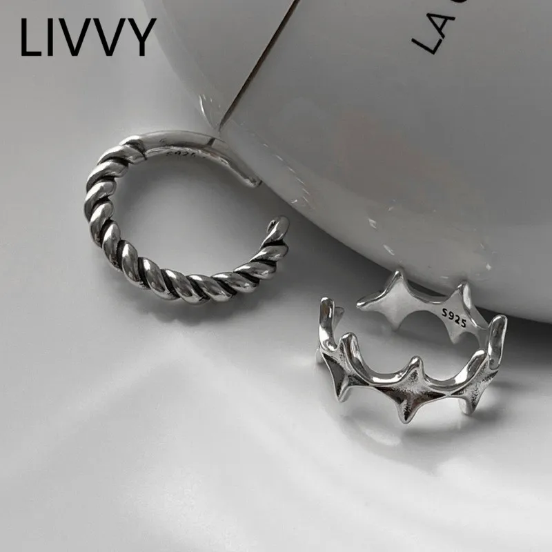 

LIVVY Thai Silver Color Unique Design Irregular Stars Chain Open Ring for Women Twine Handmade Jewelry Accessories Gift