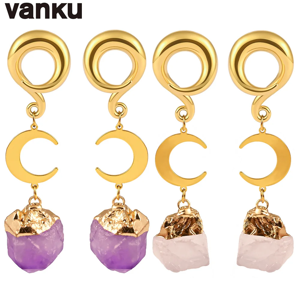 Vanku 2pc Stainless Steel New Ear Weight Hook Natural Stone Dangle Ear Plug Tunnels Expander Stretchers Piercing Body Jewelry