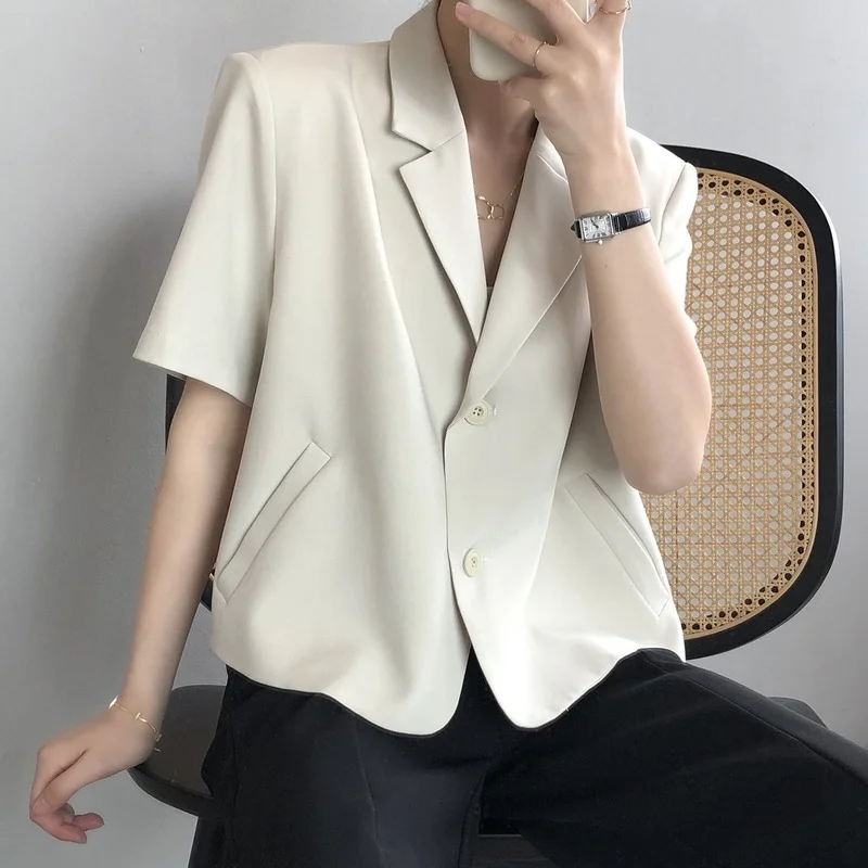 Short Sleeve Blazers Women Summer Thin Korean Style Fashion Leisure Cropped Solid All-match Office Female Loose Elegant Chic New