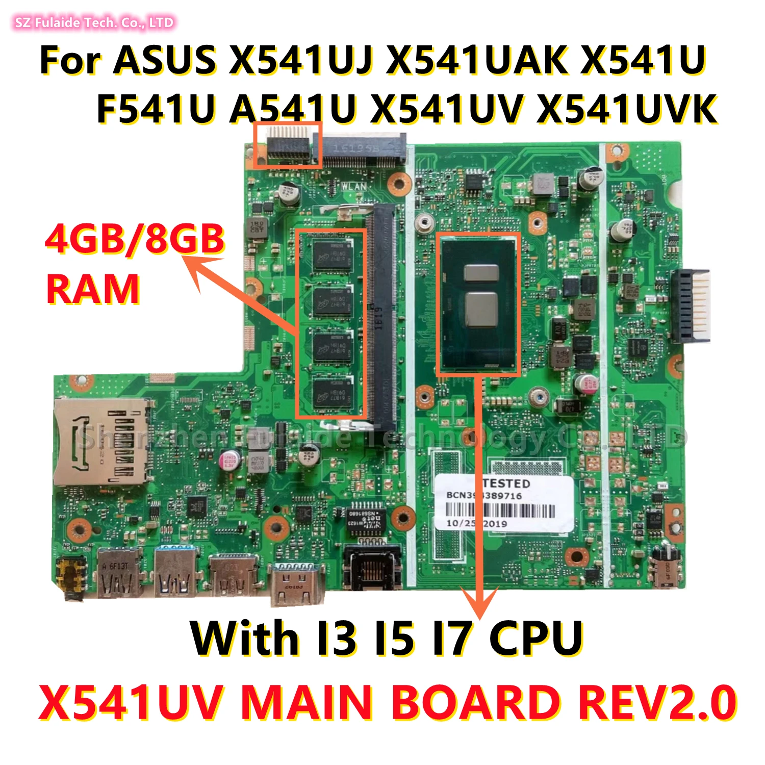 

X541UV MAIN BOARD REV2.0 For ASUS X541UJ X541UAK X541U F541U A541U X541UV X541UVK Laptop Motherboard With I3 I5 I7 CPU 4/8GB RAM