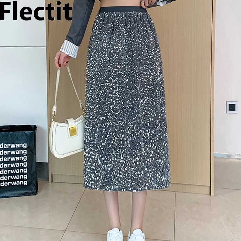 

Юбка-миди с металлическими блестками и разрезом, с эластичным поясом