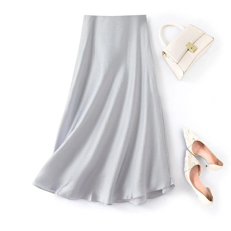 Юбка-трапеция из натурального шелка атласная с жемчужинами B44757QM