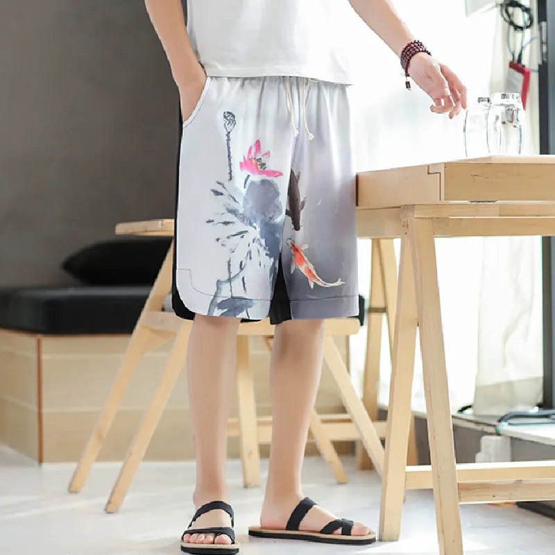 

Summer New Men's Cool Beach Pants Casual Loose Large Size Printed Shorts Fashion Breathable Ice Silk Straight Shorts