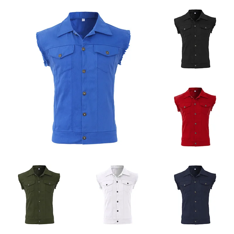 

Foreign trade vest outer wear summer and autumn men's casual breathable raw edge lapel button vest slim coat M-3XL
