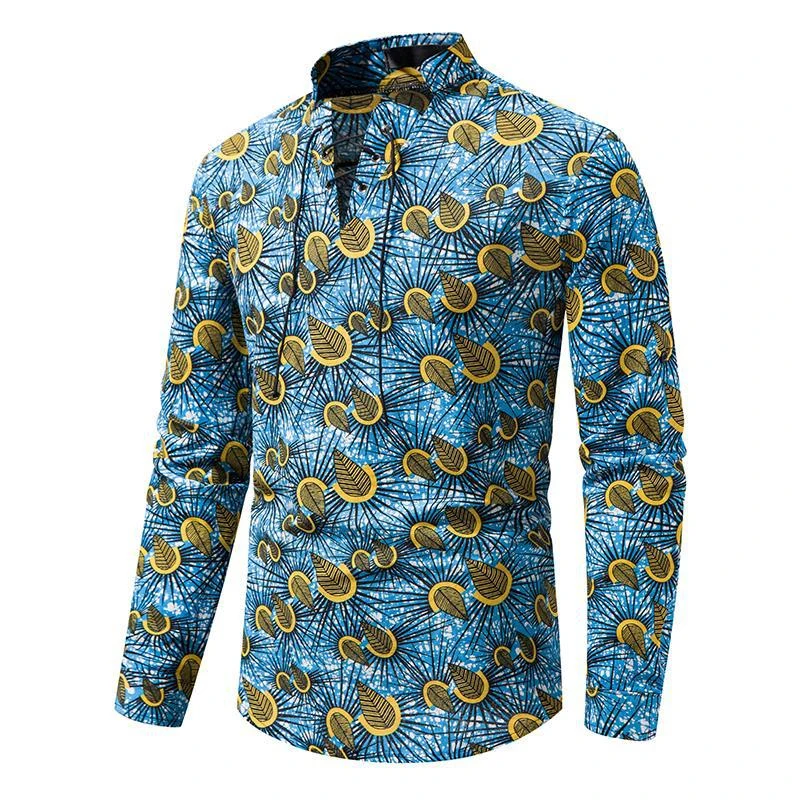 

Vintage Pattern Print Cotton Linen Shirts For Men Autumn Long Sleeve Stand Collar Drawstring Tie-up Tops Pullovers Mens Clothing