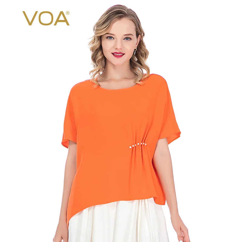 

(Clearance Sale) VOA Silk Orange Five-point Sleeves O-neck Diagonal Hem Pearl Buckle Organ Pleats Bat Shirt Woman Tshirts BE206