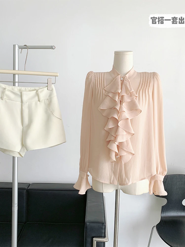 

2022 Autumn Women Gothic Ruffle Design Chiffon Blouses Baggy Pleated Puff Sleeve Shirt Stand Neck Female Elegance Daily Basic