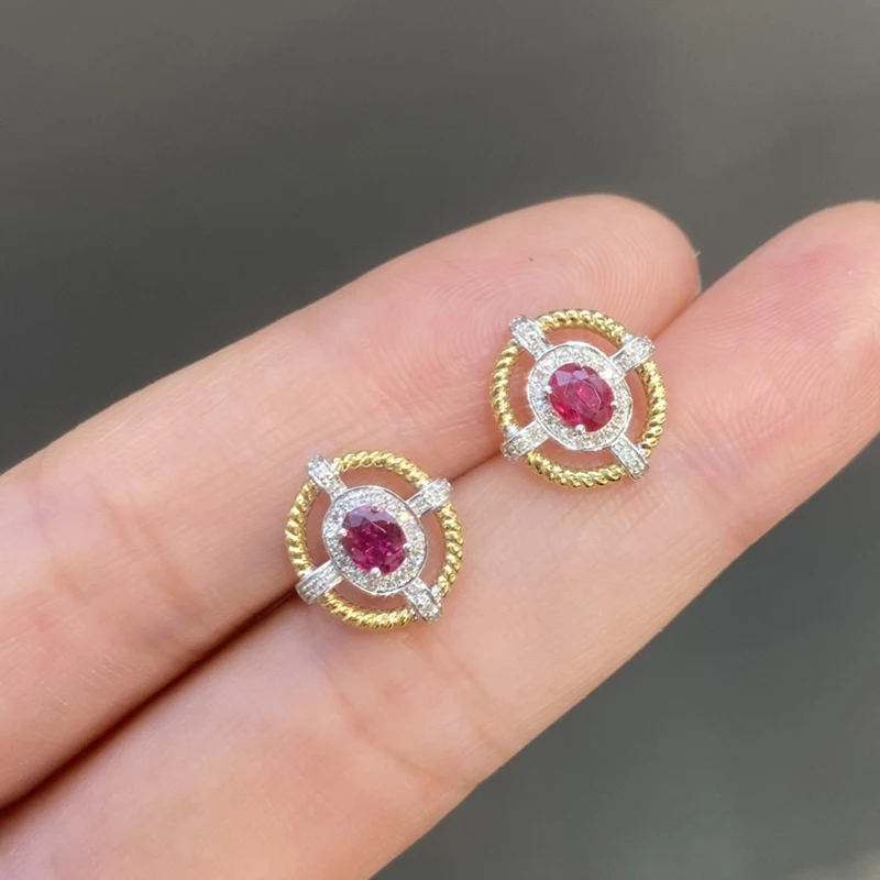 

Изысканные серьги из желтого золота, овальные серьги из натурального красного циркония, женские серьги для помолвки с бриллиантами. Золотые серьги из серебра 925 пробы
