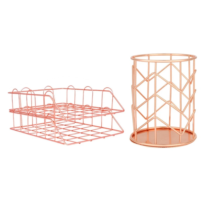 

3 Pcs Office Supplies: 1 Pcs Pen Holder, & 1 Set Of 2 Metal Stackable File Document Letter Tray Organizer, Rose Gold