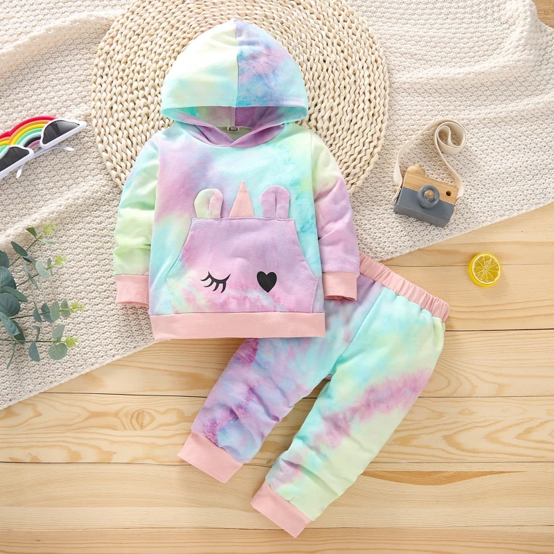 

Jlong Autumn Casual Long-Sleeve Outfits Baby Girl Hooded Sweatshirt 2 pcs Spring Kids Tie-dye Clothing Set 0-24 Months