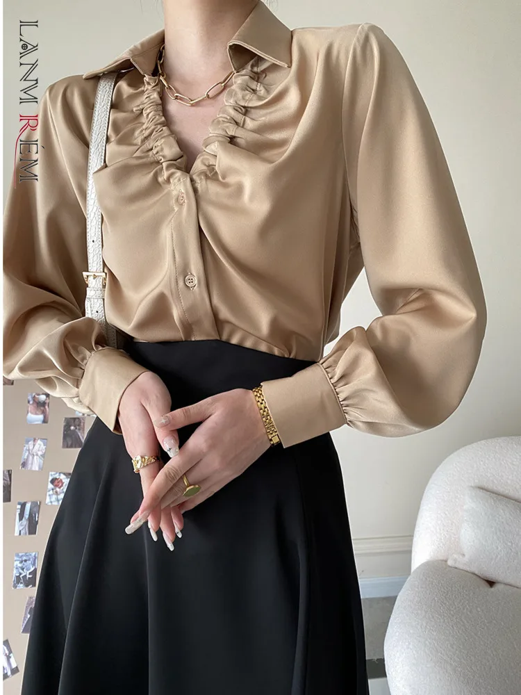 

LANMREM Shirring Shirts For Women Casual Single Breasted Solid Lantern Sleeve Tops 2022 Spring Female Fashion Clothing 2N644