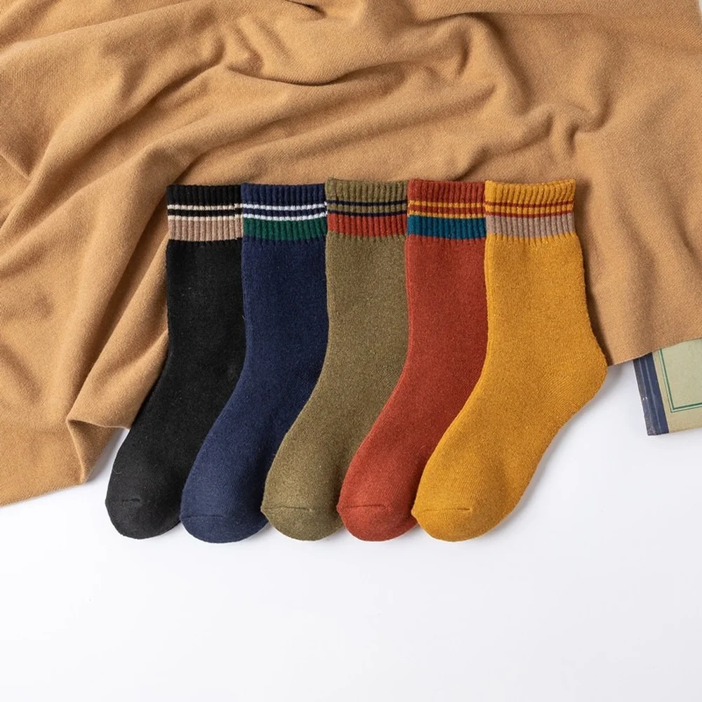 5 Pairs Autumn and Winter New Striped Colorful Terry Thickened Women Socks Retro Pure Color Ethnic Warm Rabbit Wool Socks