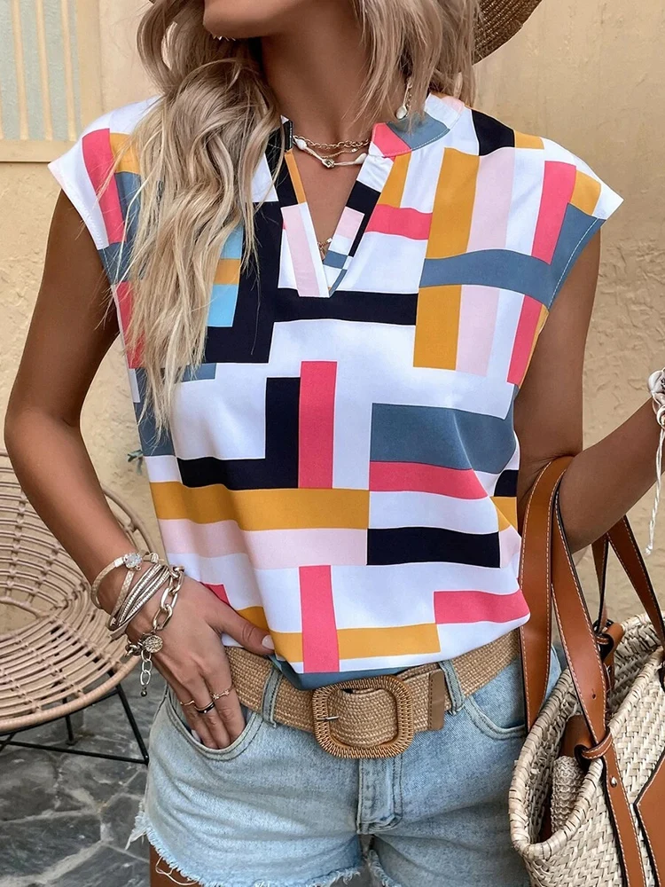 

Casual V-neck Sleeveless Shirts & Blouses Women 2023 Summer Fashion Print Basic Boho Shirt Tops