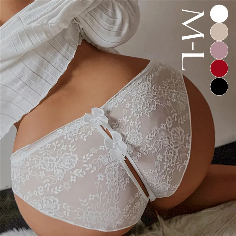

Women'S Bow Open Crotch Panties Sexy Female Underwear Lace Hollow Out Perspective Hot Ladies Underpants