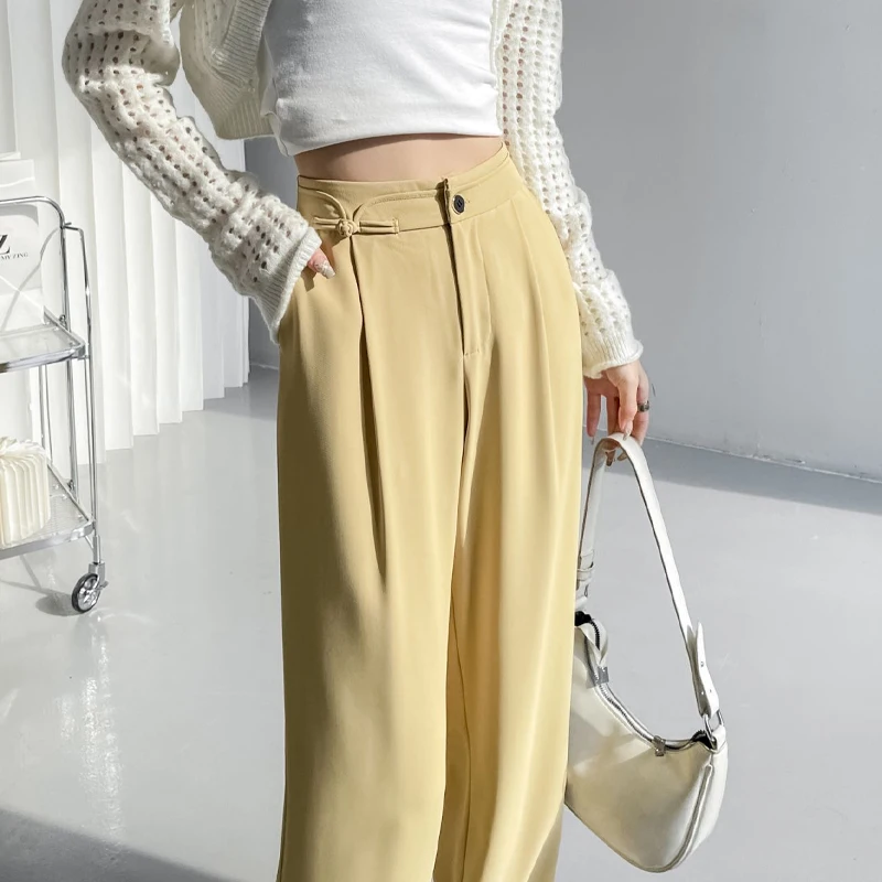 

Китайские широкие брюки с пряжкой, женские весенне-осенние модели, Костюмные брюки с высокой талией и драпировкой со ста прямыми брюками