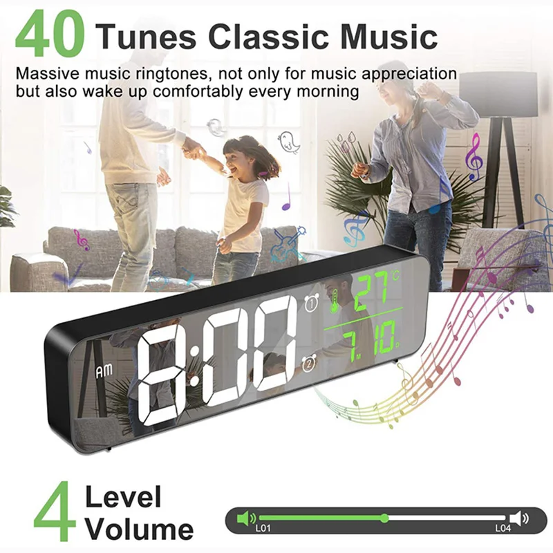 

Digital Alarm Clock LED Music Mirror Electronic Table Clock Voice Control Temperature Date Display USB Rechargeable Snooze Clock
