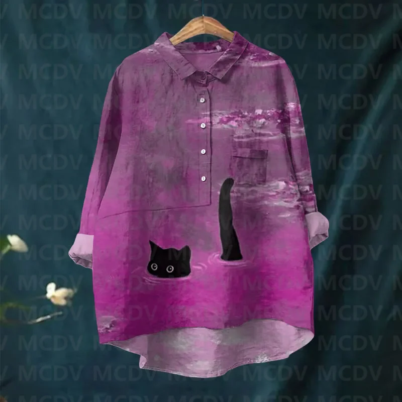 Женская повседневная блузка с лацканами и милым черным котом цветочным принтом