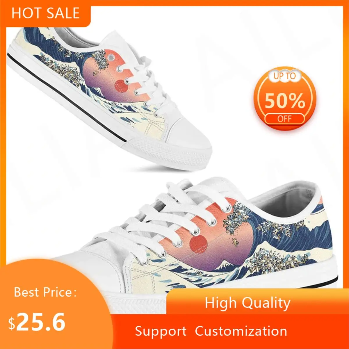 

BKQU The Great Wave Bulldog Classic Women's Sneakers Sports Canvas Shoes For Women Casual Ladies Flats Lace-up Footwear White