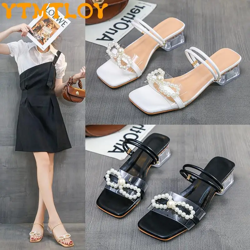 

Pearl Two-wear Sandals Fairy Style Beaded French Niche Mid-heel Thick-heel Roman Summer Sandals And Slippers Simple And Versatil