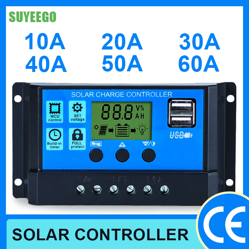 

Солнечный контроллер SUYEEGO, 12 В/24 В, 30 А, 20 А, 10 А, ШИМ, регулятор заряда батареи, ЖК-дисплей, USB, 5 В выход, mppt, Солнечный контроллер заряда