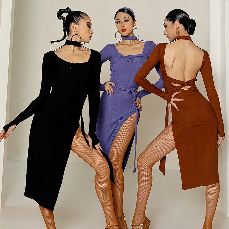 

2022 Latin Dance Dress Women Sexy Latin Performance Costume Slit Long Sleeves Practice Wear Rumba Tango Ballroom Dress